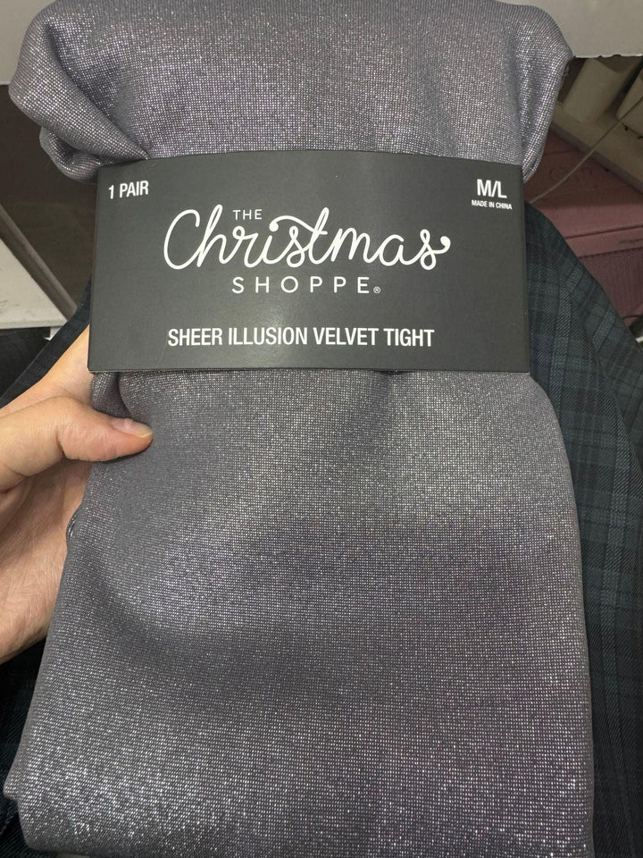 The Christmas Shoppe sheer illusion velvet tight in shimmery silver gray, size M/L, packaged with black label