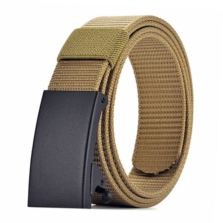 Tan nylon tactical belt with black metal buckle rolled up on white background