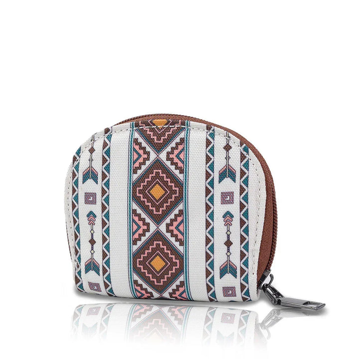 Small fabric coin purse with zipper and colorful geometric tribal pattern on white background