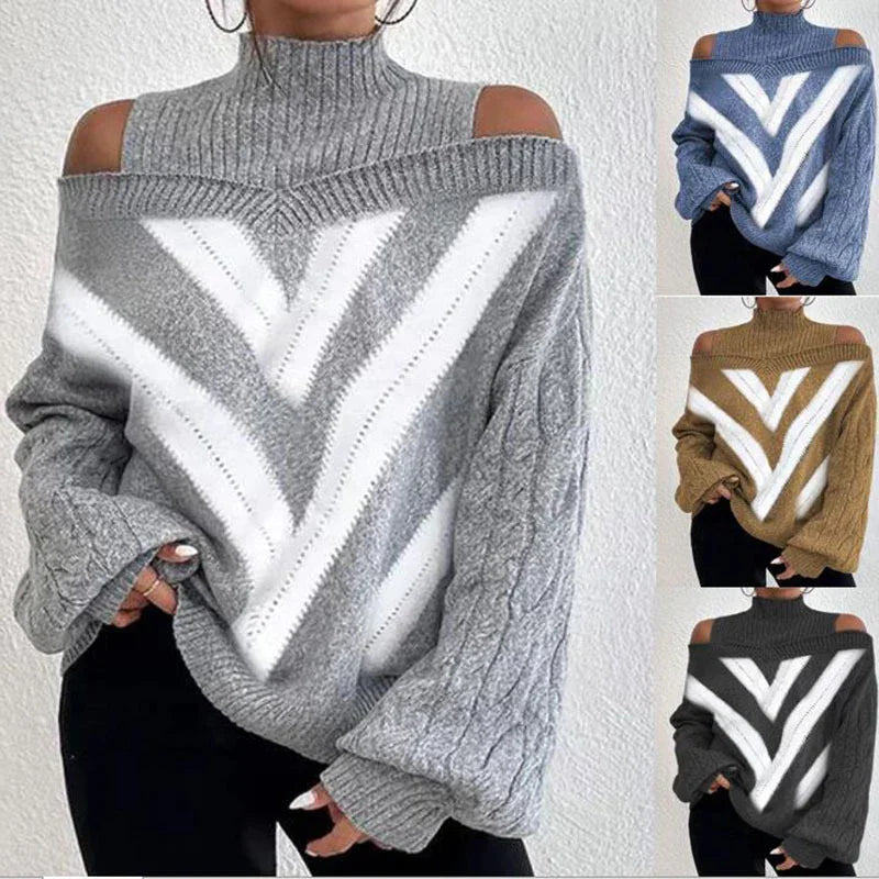 Cold shoulder knit sweater with chevron pattern in gray, blue, brown, and black color options