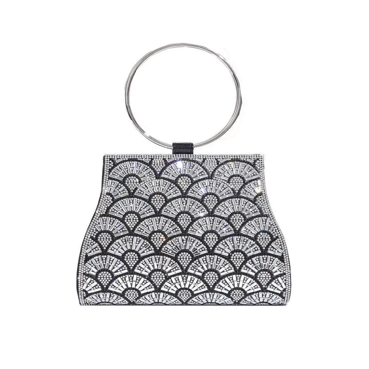 Black and silver evening clutch bag with fan-shaped rhinestone patterns and a round silver handle