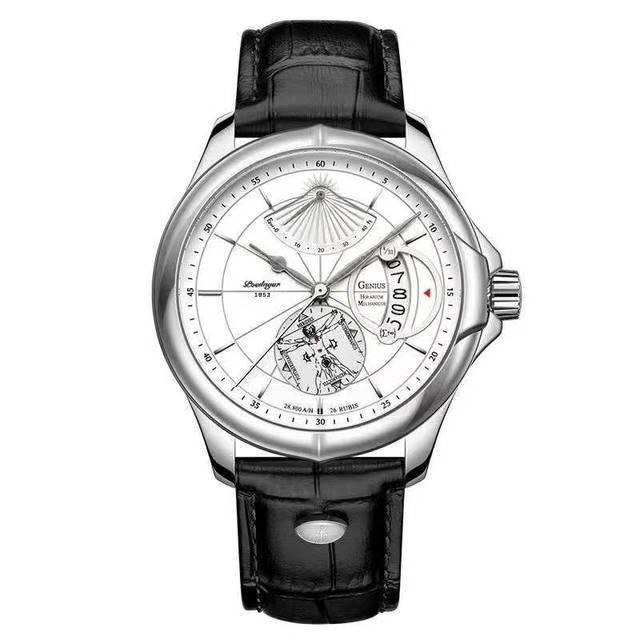 Luxury wristwatch with white dial, black leather strap, and unique mechanical design elements