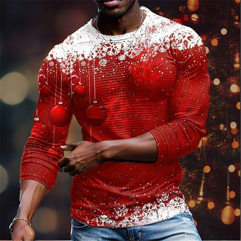 Muscular man wearing red Christmas sweater with snowflakes and ornaments design, blue jeans