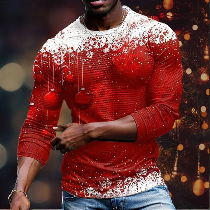 Muscular man wearing red Christmas sweater with snowflakes and ornaments design, blue jeans