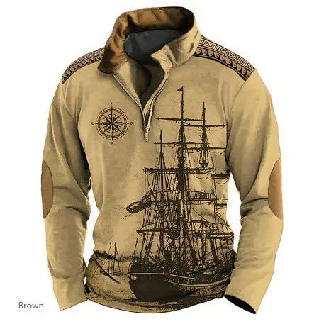 Brown pullover with vintage ship and compass design, elbow patches, and decorative shoulder trim