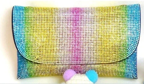 colorful rhinestone crystal clutch purse with rainbow gradient and front flap closure