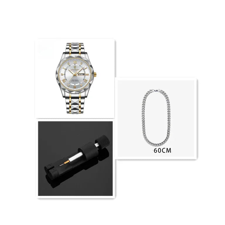 silver and gold wristwatch, 60cm silver chain necklace, and watch repair tool on white and black backgrounds