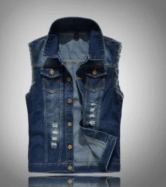 Sleeveless blue denim vest with button closure and distressed details on front