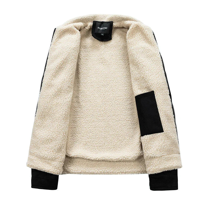 Open beige sherpa fleece jacket with black patch and cuffs, cozy winter outerwear