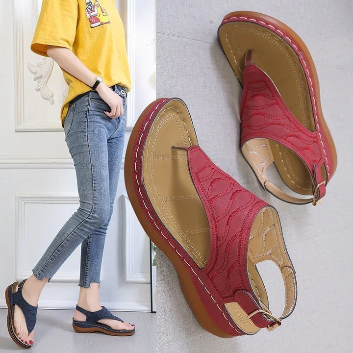 Comfortable wedge sandals in red and navy, casual summer footwear with ankle straps