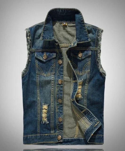 blue sleeveless distressed denim vest with button closure and frayed edges