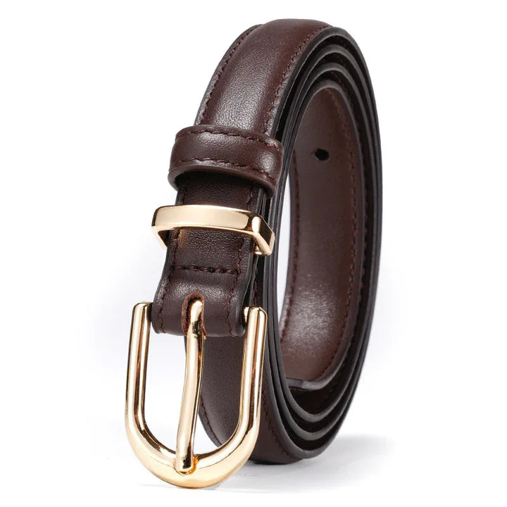 Dark brown leather belt rolled with shiny gold metal buckle on white background