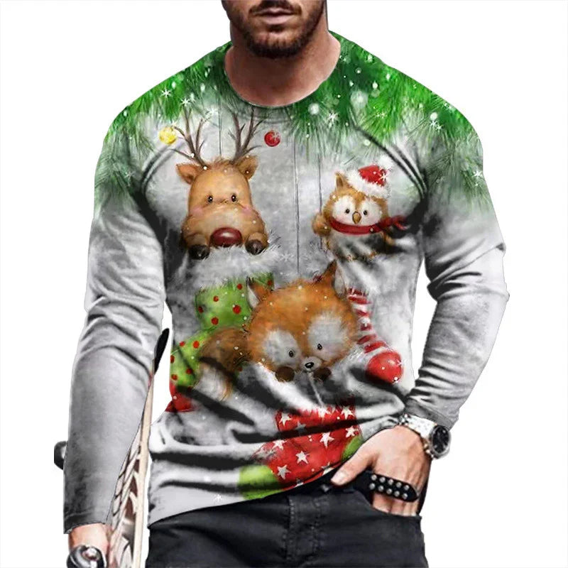 Men's Christmas sweater with cute reindeer, owl in Santa hat, and fox in holiday stockings design
