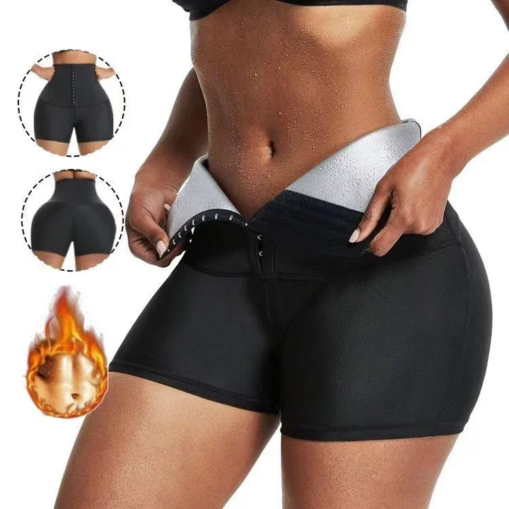 Woman wearing black waist trainer shorts with hook closure, sweat visible, fitness and slimming concept