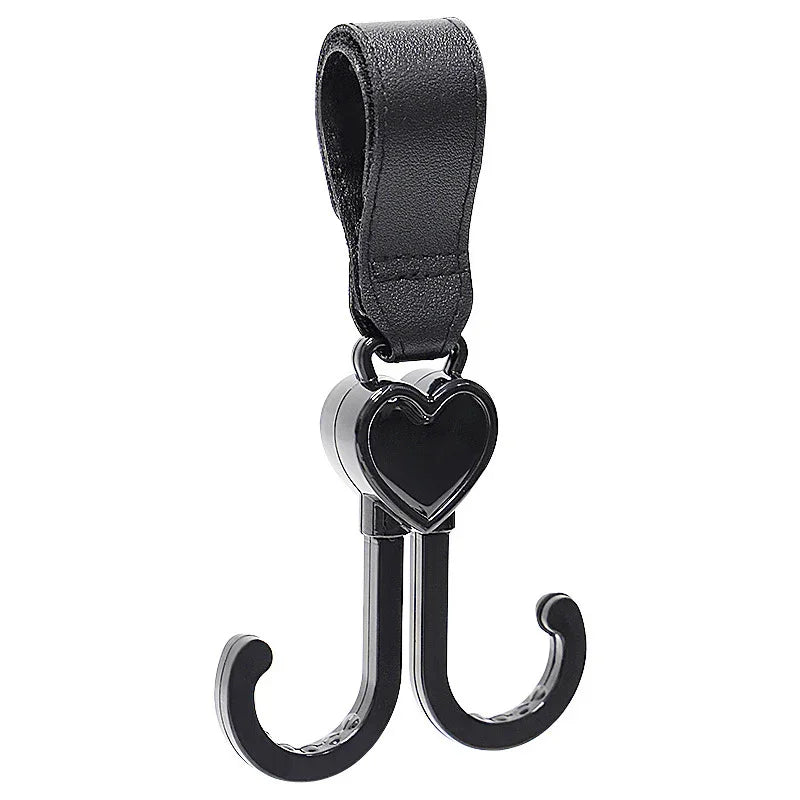 Black heart-shaped double hook with leather loop hanger for bag or wall mounting