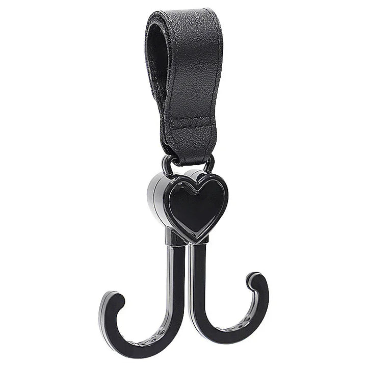 Black heart-shaped double hook with leather loop hanger for bag or wall mounting