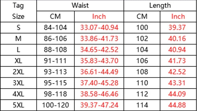 Size chart for waist and length in cm and inches, from S to 5XL, showing measurements for clothing