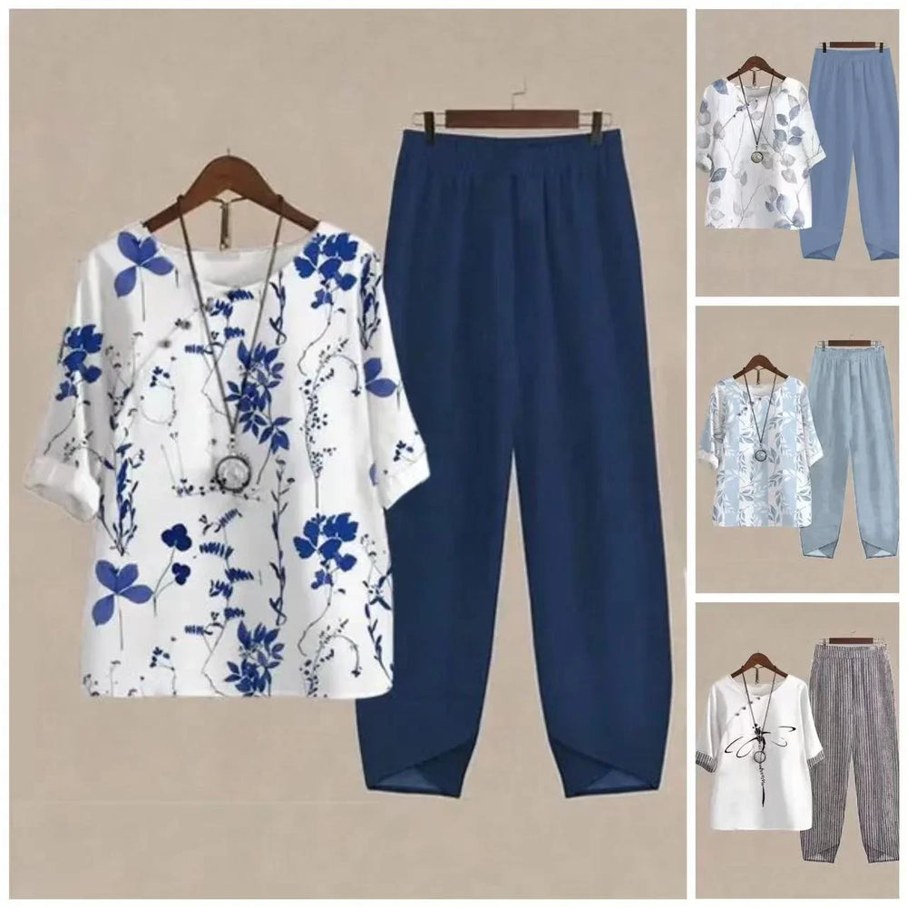 Set of women's casual floral print tops paired with loose pants in blue, light blue, and striped patterns