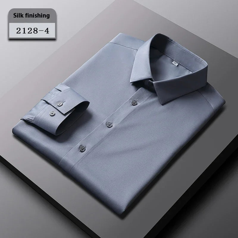 Silk finishing light blue men's dress shirt neatly folded on gray surface with label 2128-4
