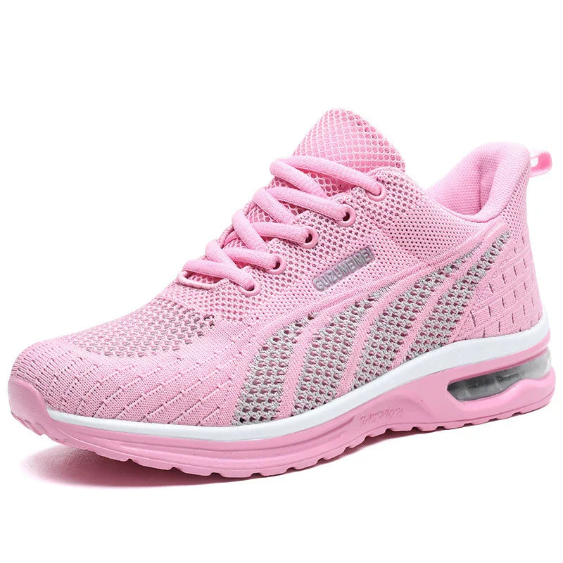 pink breathable mesh women's athletic running shoe with cushioned sole and air cushion