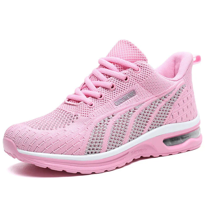 pink breathable mesh women's athletic running shoe with cushioned sole and air cushion