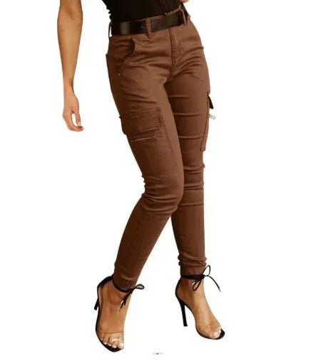 Woman wearing brown cargo pants with multiple pockets and black high-heeled sandals
