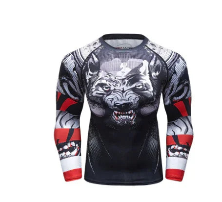 Black long sleeve rash guard with fierce wolf graphic, red and white striped MMA athletic shirt