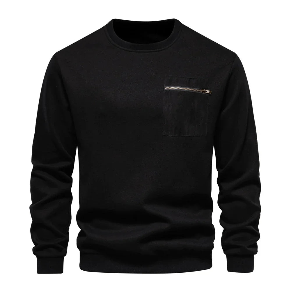 Black long sleeve sweatshirt with a zippered chest pocket and ribbed cuffs