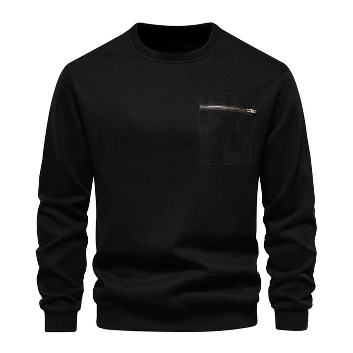 Black long sleeve sweatshirt with a zippered chest pocket and ribbed cuffs
