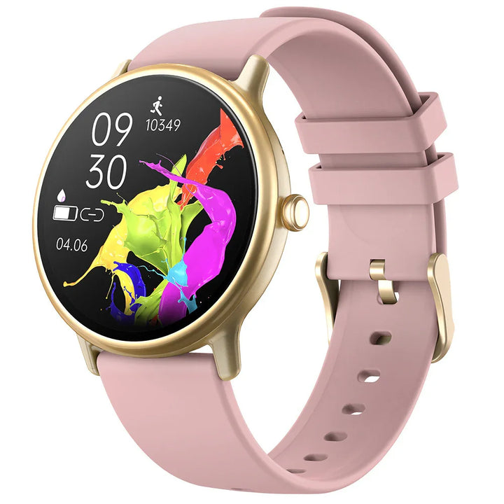 Gold round smartwatch with pink silicone band displaying colorful splash art and fitness stats