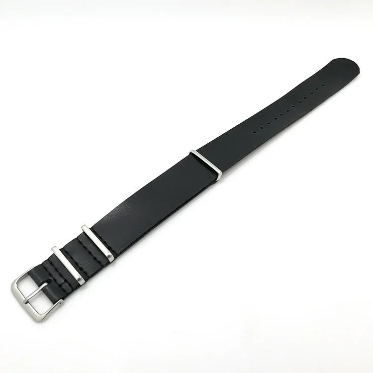 Black leather watch strap with silver buckle and loops on white background