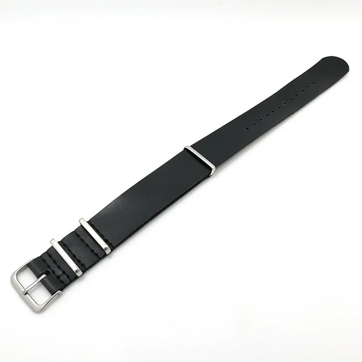 Black leather watch strap with silver buckle and loops on white background