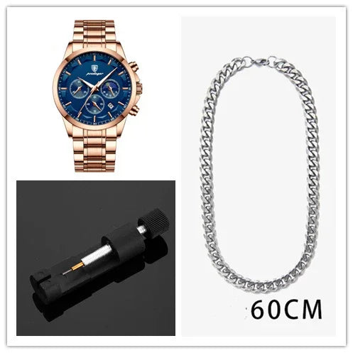 Rose gold wristwatch with blue dial, watch tool, and 60cm silver chain necklace