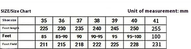 Shoe size chart in millimeters showing sizes 35 to 41 with corresponding foot length, feet, and foot field measurements