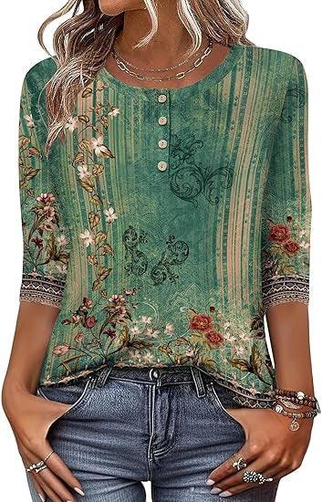Woman wearing green floral patterned buttoned casual top with 3/4 sleeves paired with blue jeans