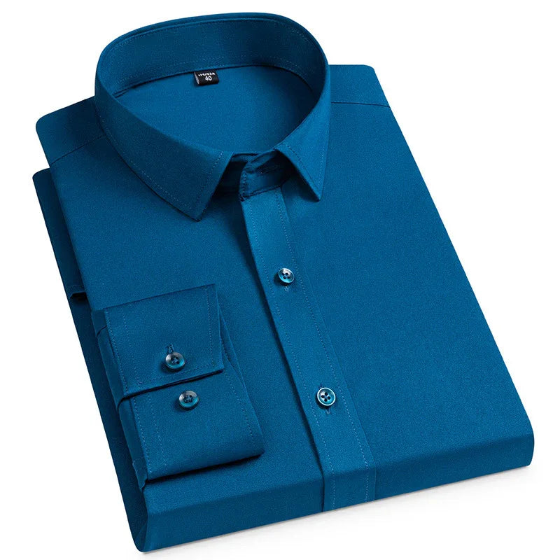 Folded men's long sleeve dress shirt in vibrant blue with buttoned cuffs and collar