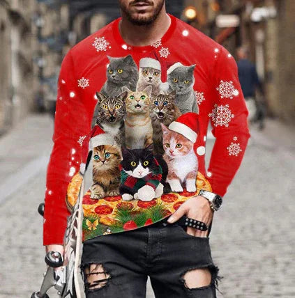 Man wearing red Christmas sweater with nine playful cats and snowflake patterns on city street