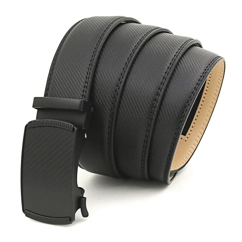 Black leather men's belt with textured pattern and matte black automatic buckle