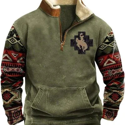 Olive green pullover with southwestern patterned sleeves and a cowboy silhouette logo on chest