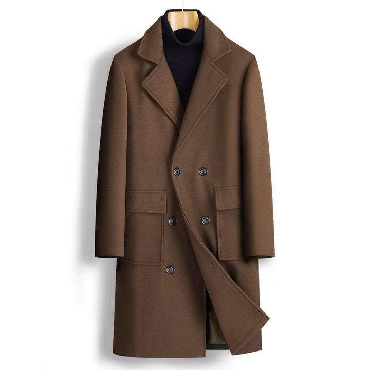 Brown double-breasted wool coat with wide lapels and flap pockets on hanger