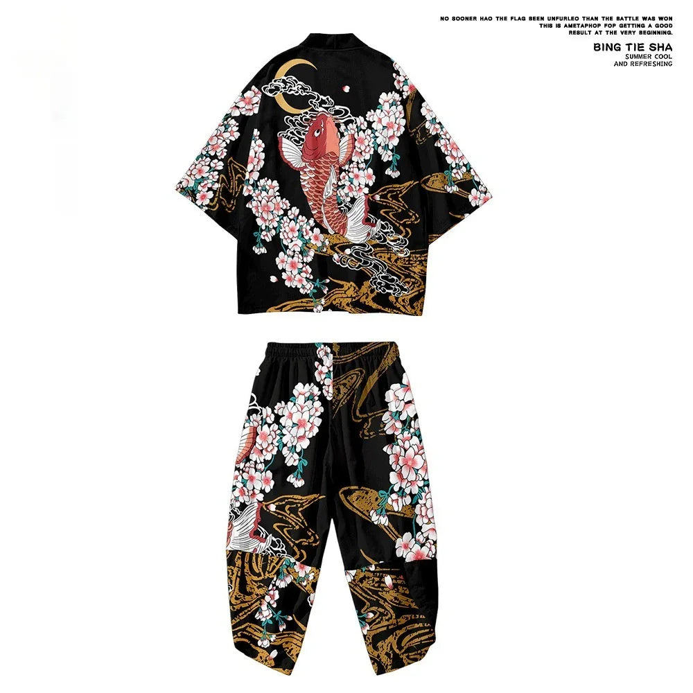 Black Japanese-style kimono set with red koi fish, pink cherry blossoms, and golden wave patterns