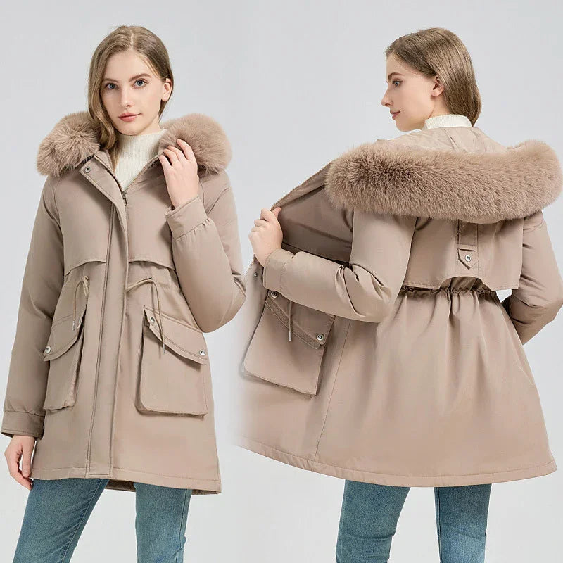woman wearing beige winter jacket with fur hood and large front pockets, front and back views