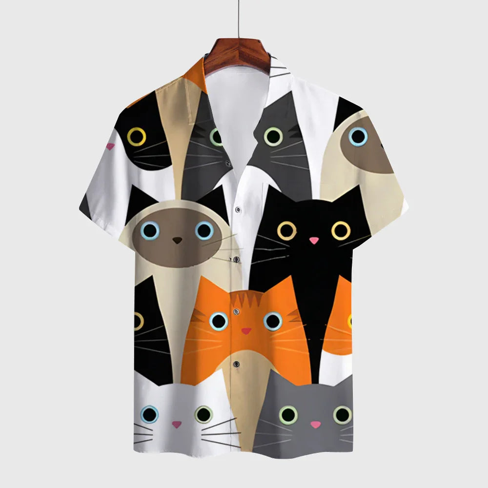 Button-up shirt with colorful cat face pattern in various breeds and bright eyes on white background
