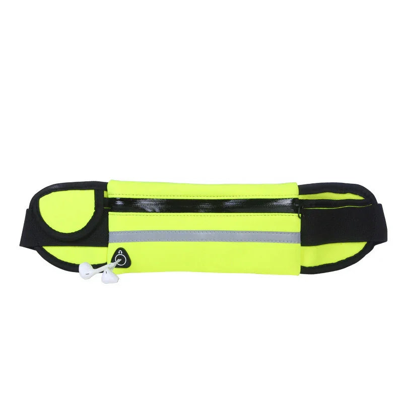 High-visibility yellow reflective running belt with black zipper and headphone port, designed for outdoor fitness