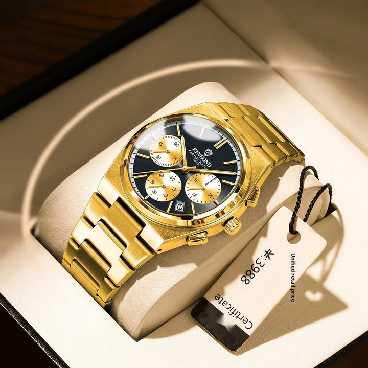 Gold BINBOND chronograph wristwatch with black dial and date in luxury box