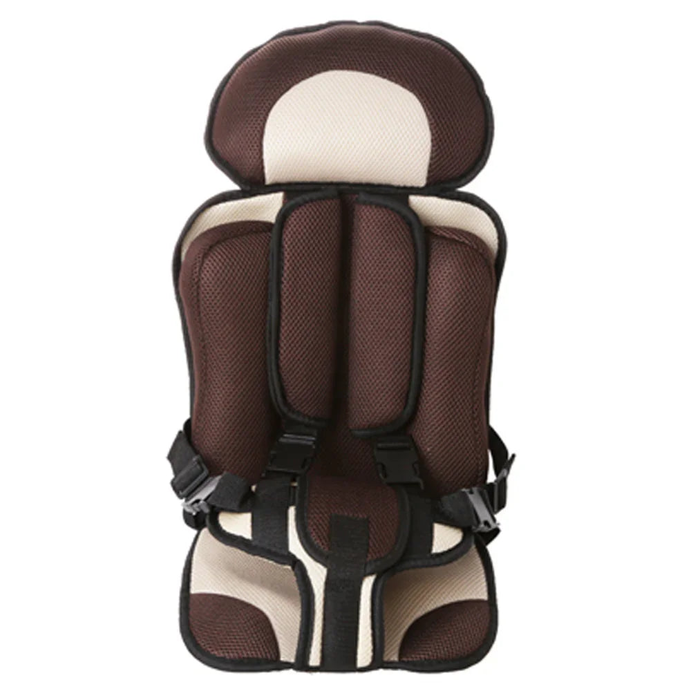 Brown and beige cushioned child safety car seat with adjustable straps and buckles