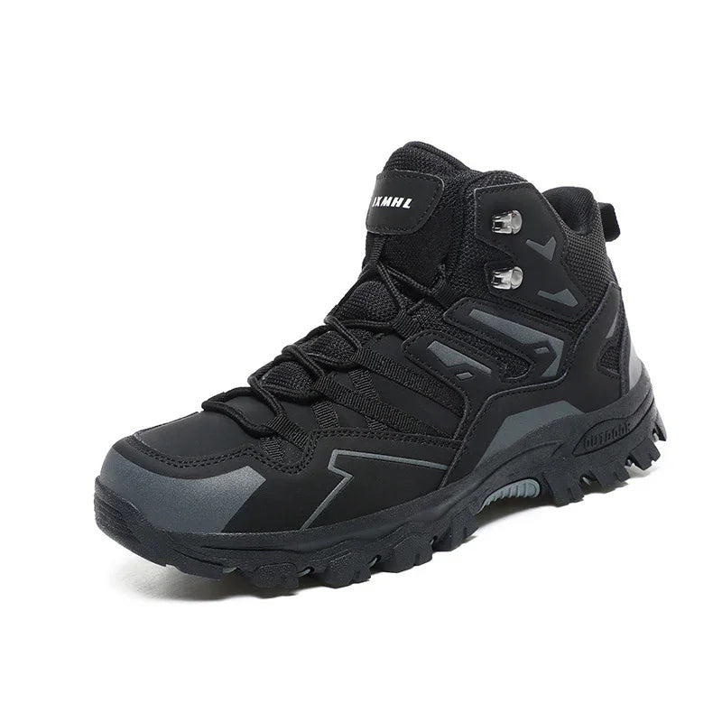 Black high-top hiking boot with rugged sole and lace-up design, featuring gray accents and fabric upper
