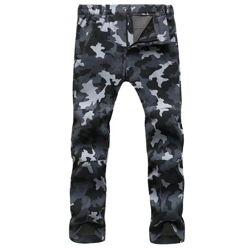 Men's black and gray camouflage cargo pants with zipper and button closure
