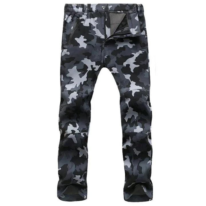 Men's black and gray camouflage cargo pants with zipper and button closure