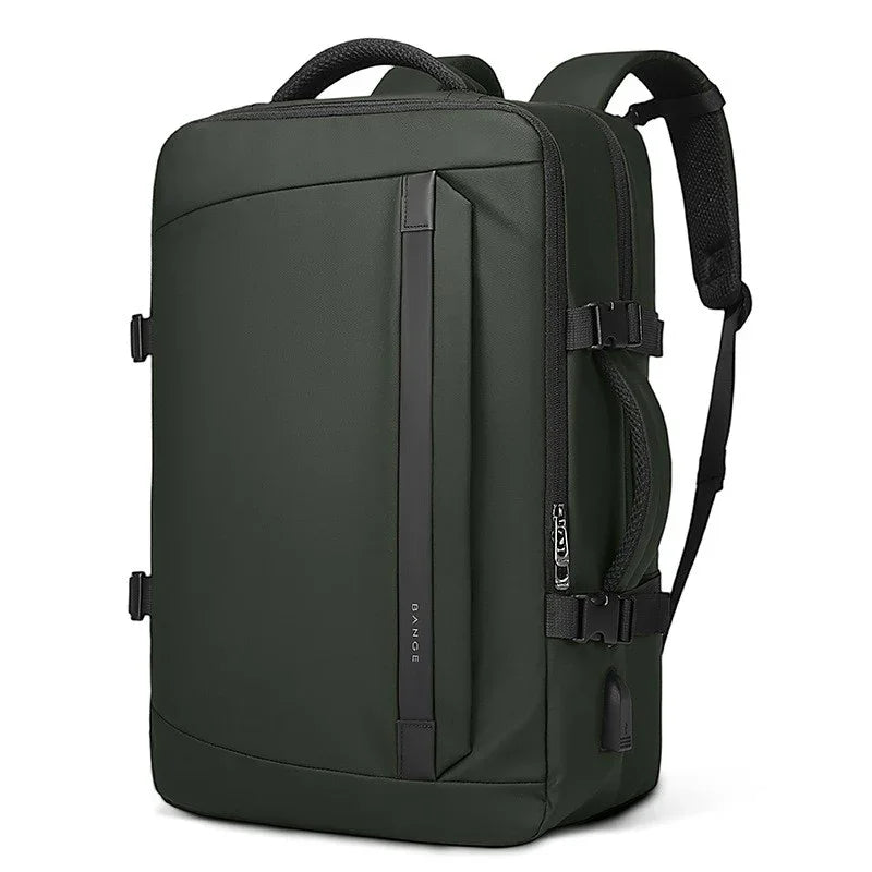 Dark green sleek backpack with padded straps, front vertical zipper pocket, and side USB port